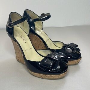 Bruno Magli Black Patent Leather Cork Wedge Peep Toe Shoes Size 36.5 US 6.5